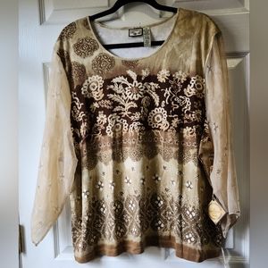 NWT Caribbean Joe women's brown top 3/4 sheer sleeves size 3x